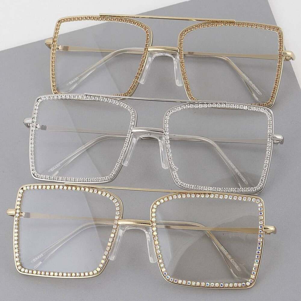 Rhinestone Rectangle Aviator Clear Transparent Fashion Blue Light Glasses
